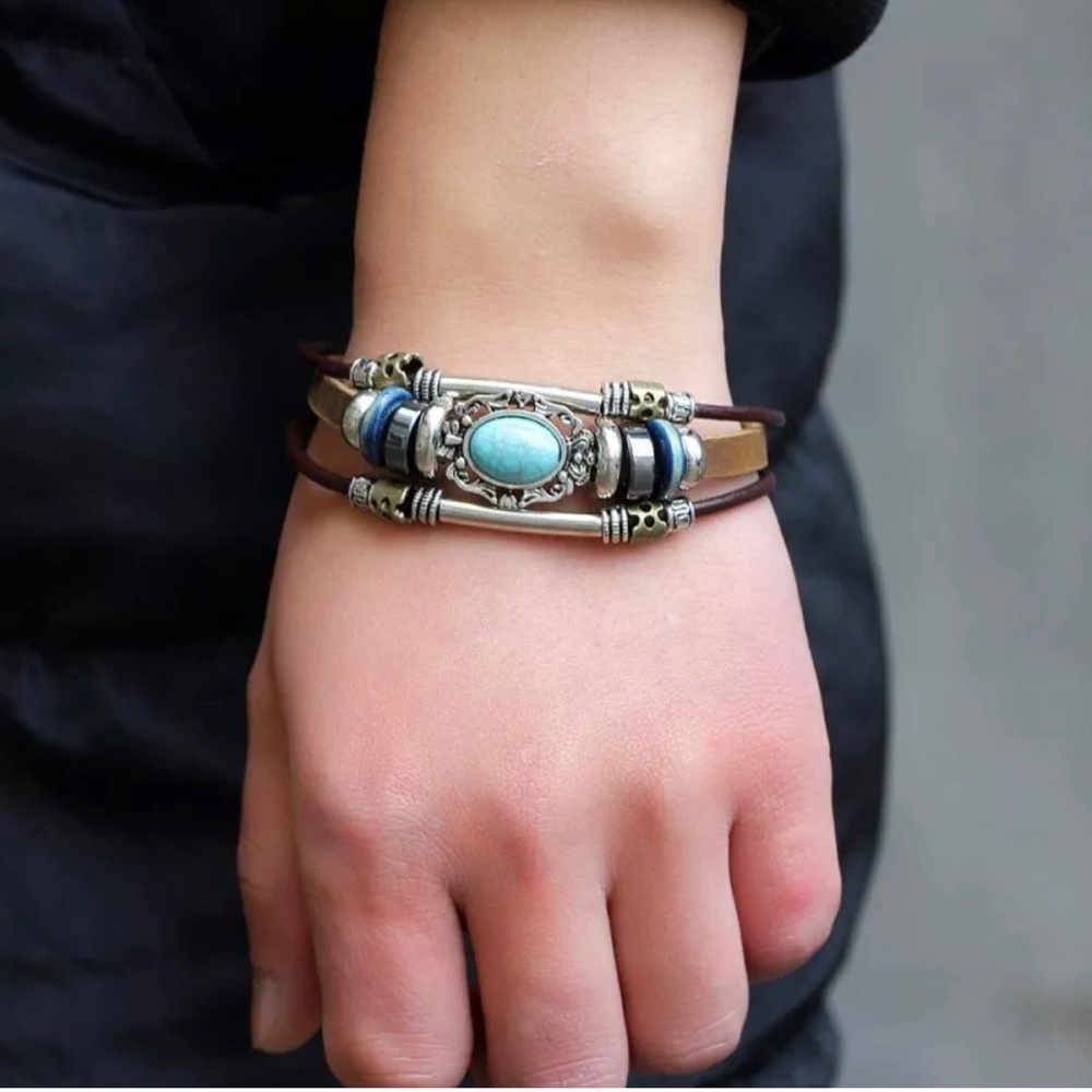 Turquoise Leather Punk Bracelet - Picture 2 of 4